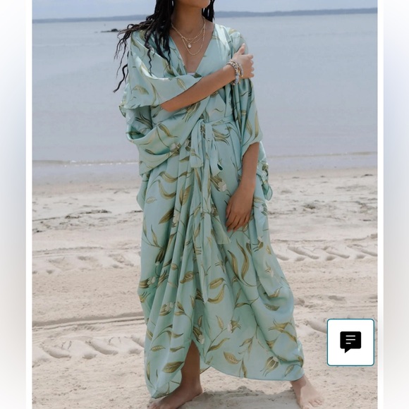 By Anthropologie Satin Tie Front Belted Floral Maxi Dress Caftan - Picture 4 of 12